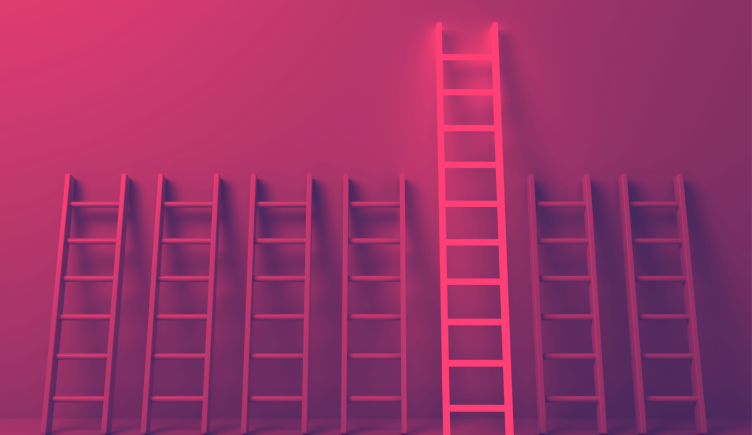 Ladders propped on a wall, the biggest one stands out, leadership development