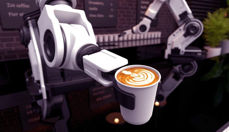 A cobot working in a coffee shop holding a cup of coffee.