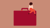 An illustration of a woman sitting on an oversized briefcase.